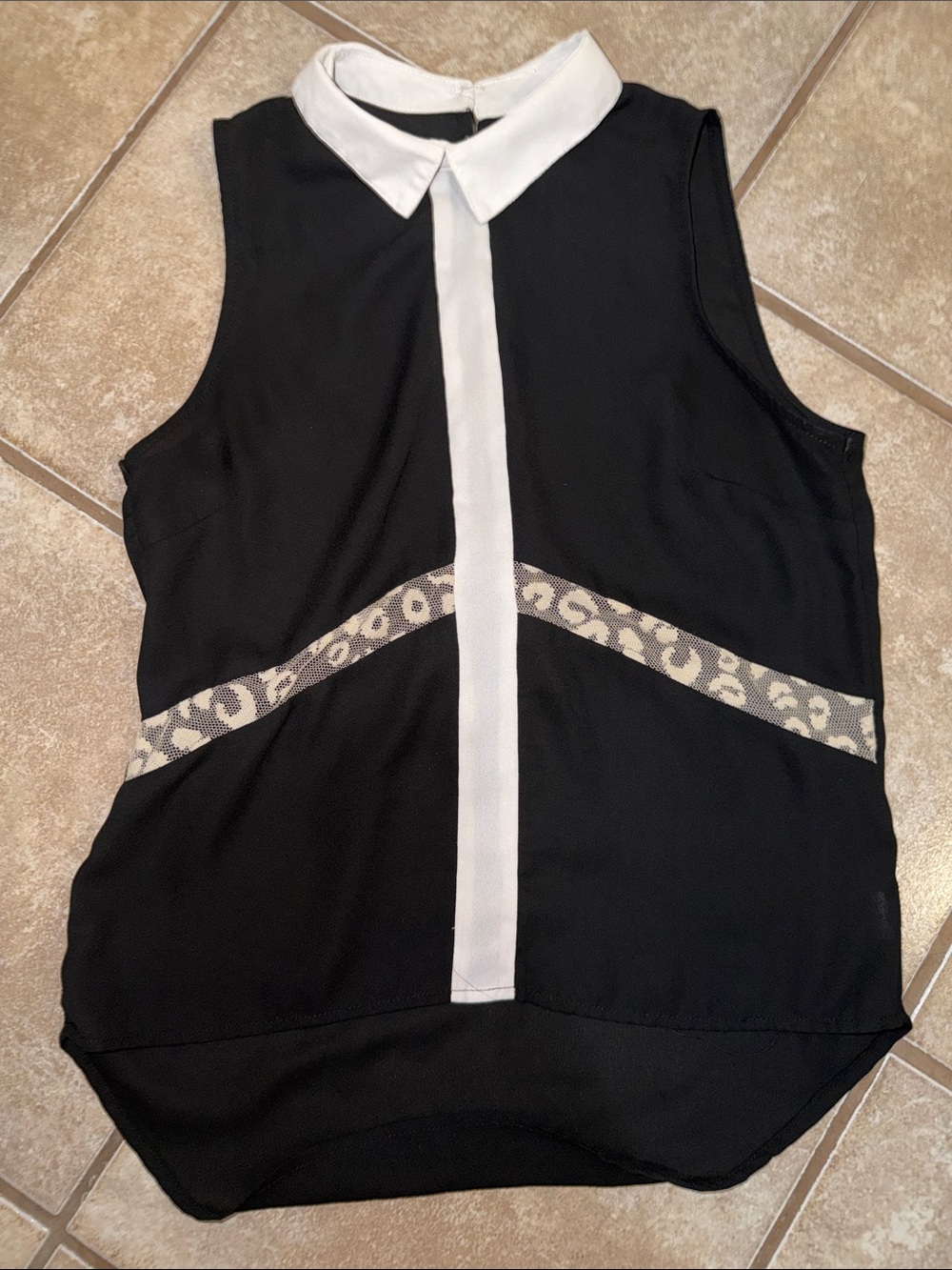 Jealous Tomato Black Sleeveless Collared Top with White Trim and Leopard Accent
